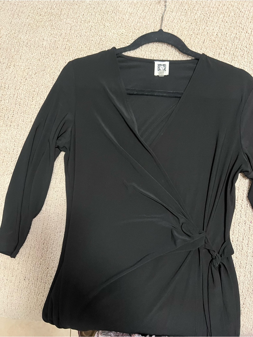 Anne Klein Black Faux Wrap Dress 3/4 Sleeve Stretch Classic Size 12 - Picture 3 of 6